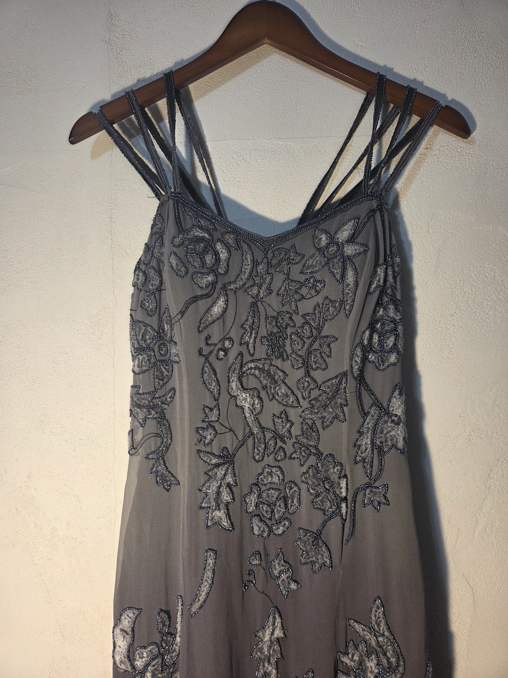 100% Silk Beaded Gown Handmade Full Sequined Maxi Dress Grey